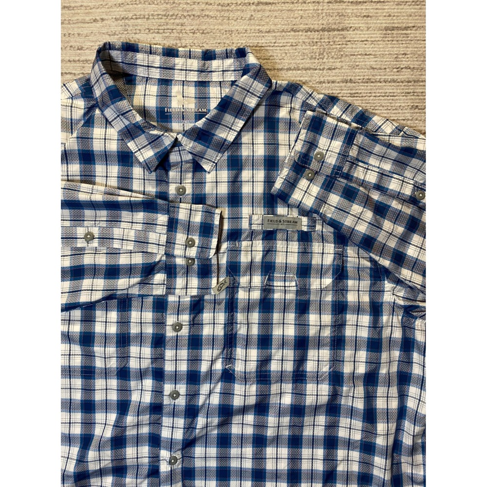 Field & Stream Mens 2XL Blue White Plaid Fishing Shirt Long Sleeve Ventilated
